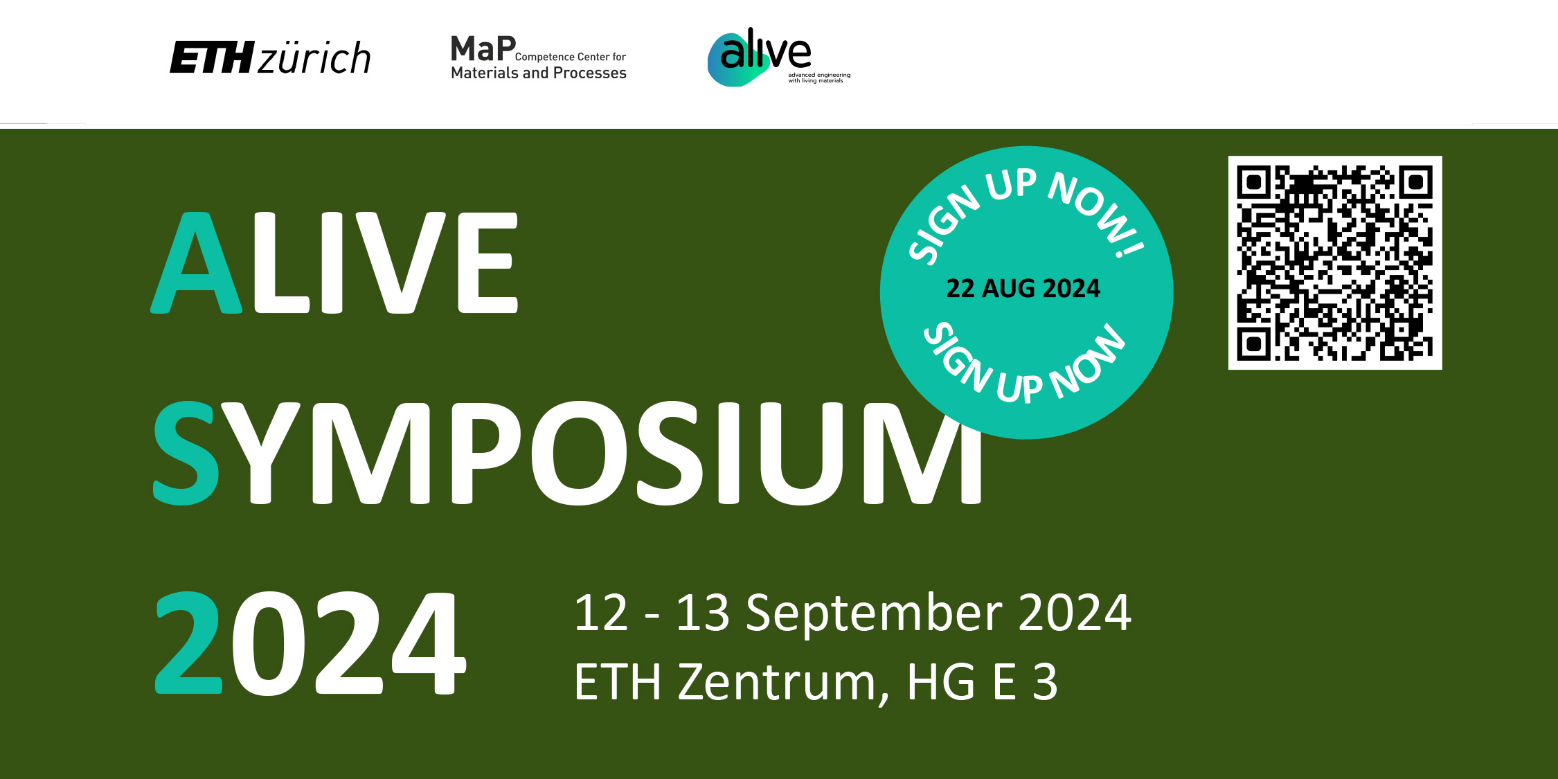 Flyer for the ALIVE Symposium 2024 with dates and a QR code for registration